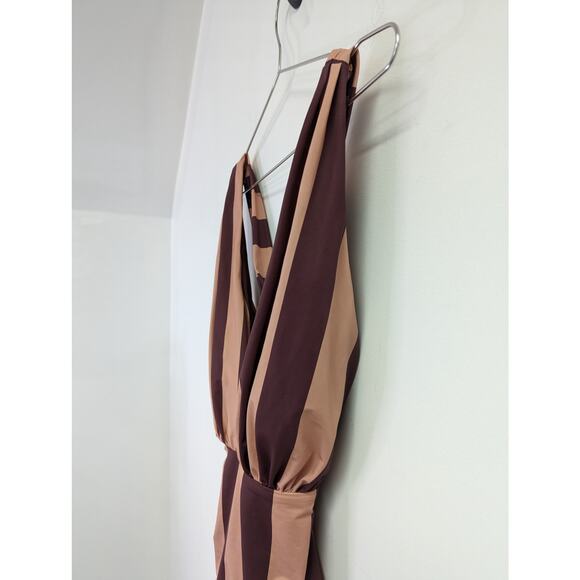 Swim RX One Piece Swimsuit Plunging Neckline Cross Back‎ Striped Pink Small - Picture 2 of 7